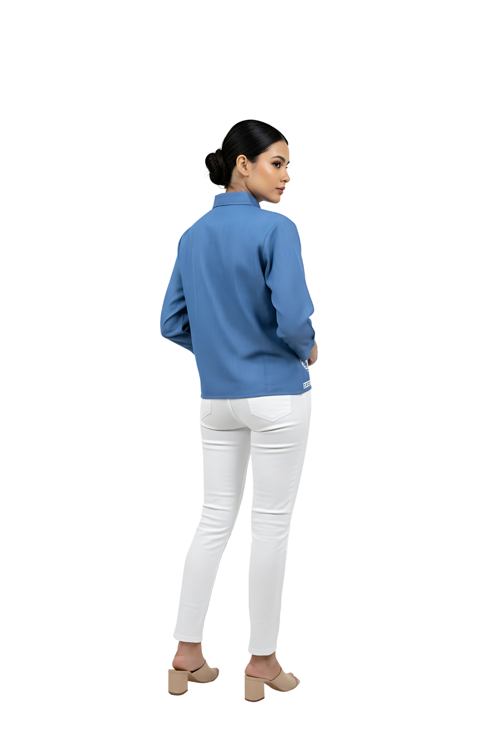 White Cotton Embroidered Blue Shirt for Women