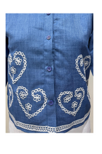 White Cotton Embroidered Blue Shirt for Women