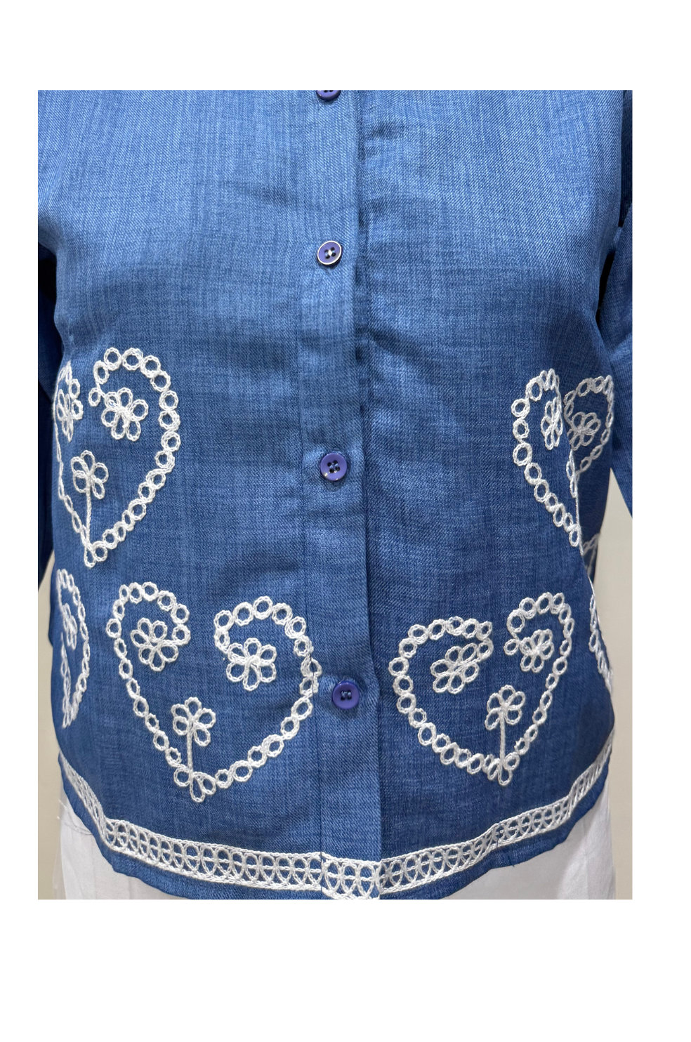 White Cotton Embroidered Blue Shirt for Women