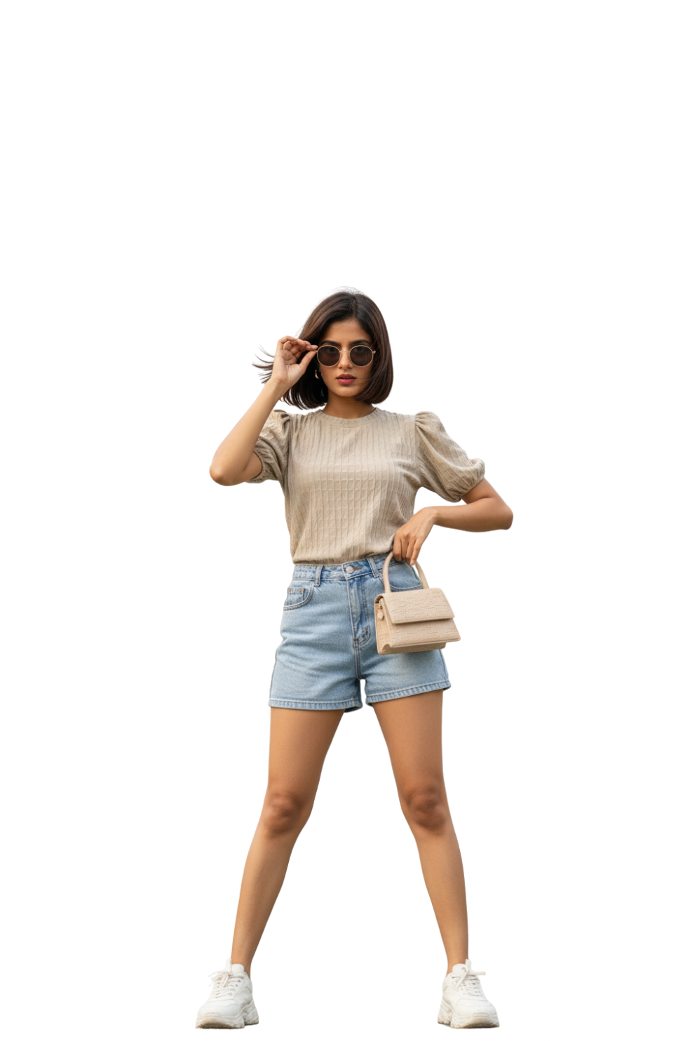 Textured Puff Sleeve Top for Women in Beige Colour