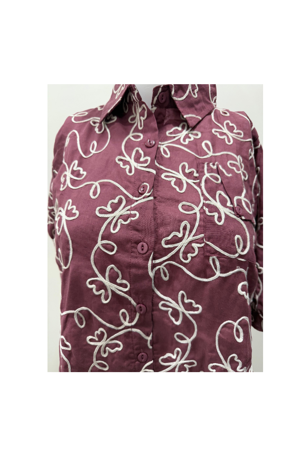 White Cotton Embroidered Shirt for Women in Maroon