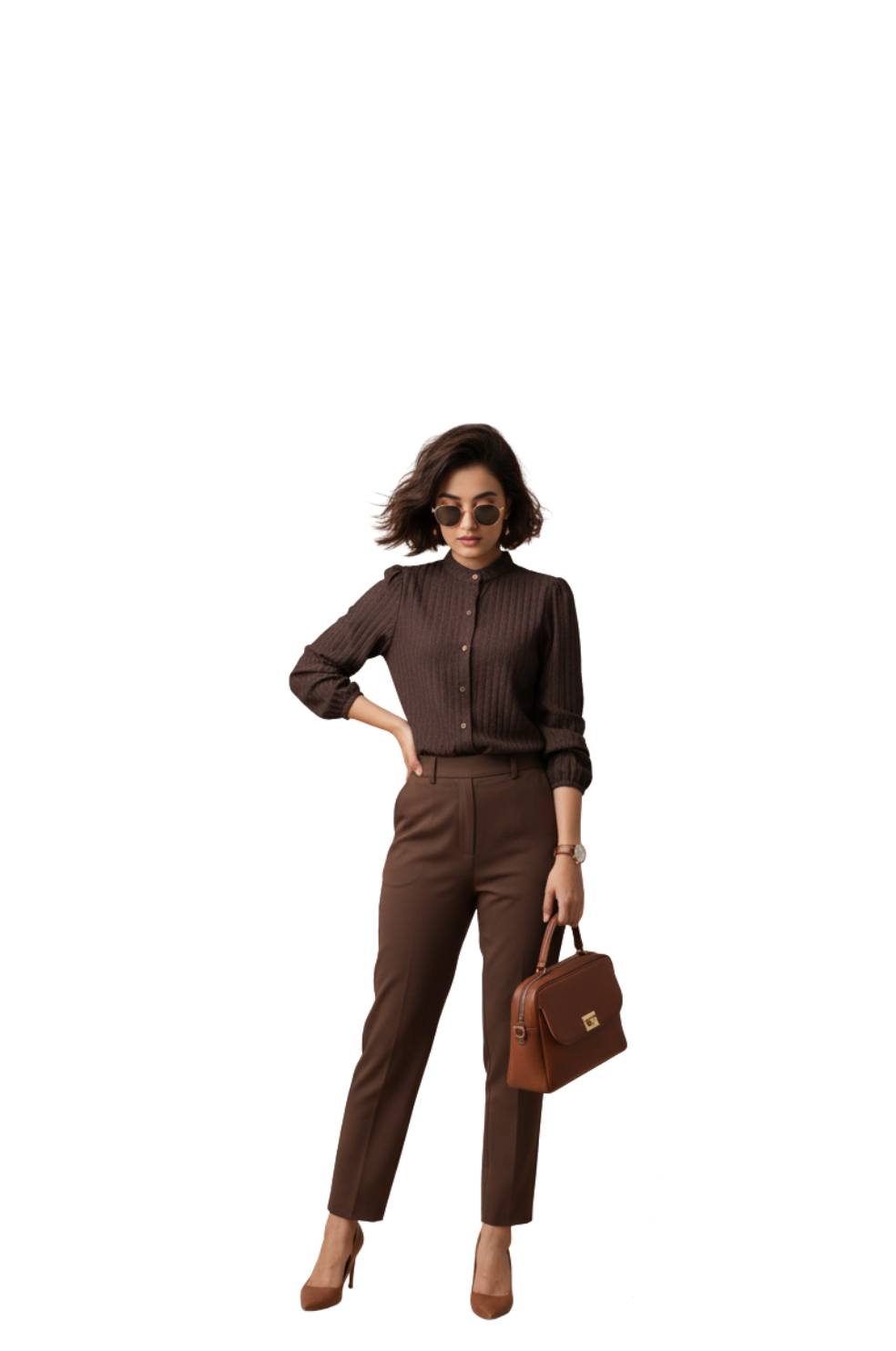 Band Collar Semi Formal Shirt for Women in Coffee Brown | Hava Fashions