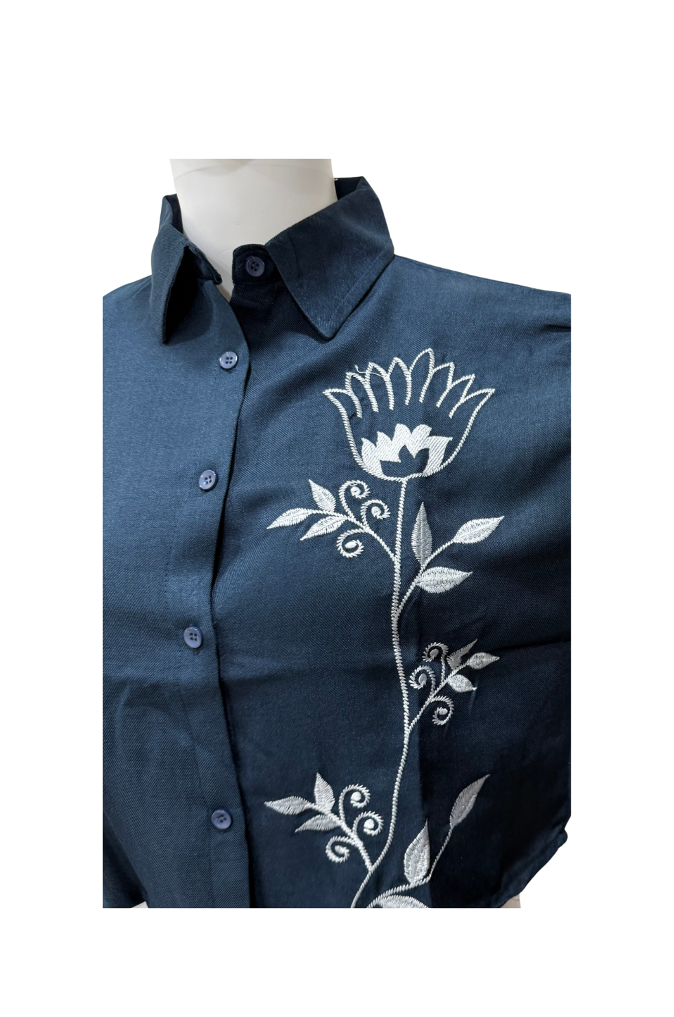 Flower Embroidery Designs Shirt for Women in Denim Blue