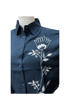 Flower Embroidery Designs Shirt for Women in Denim Blue