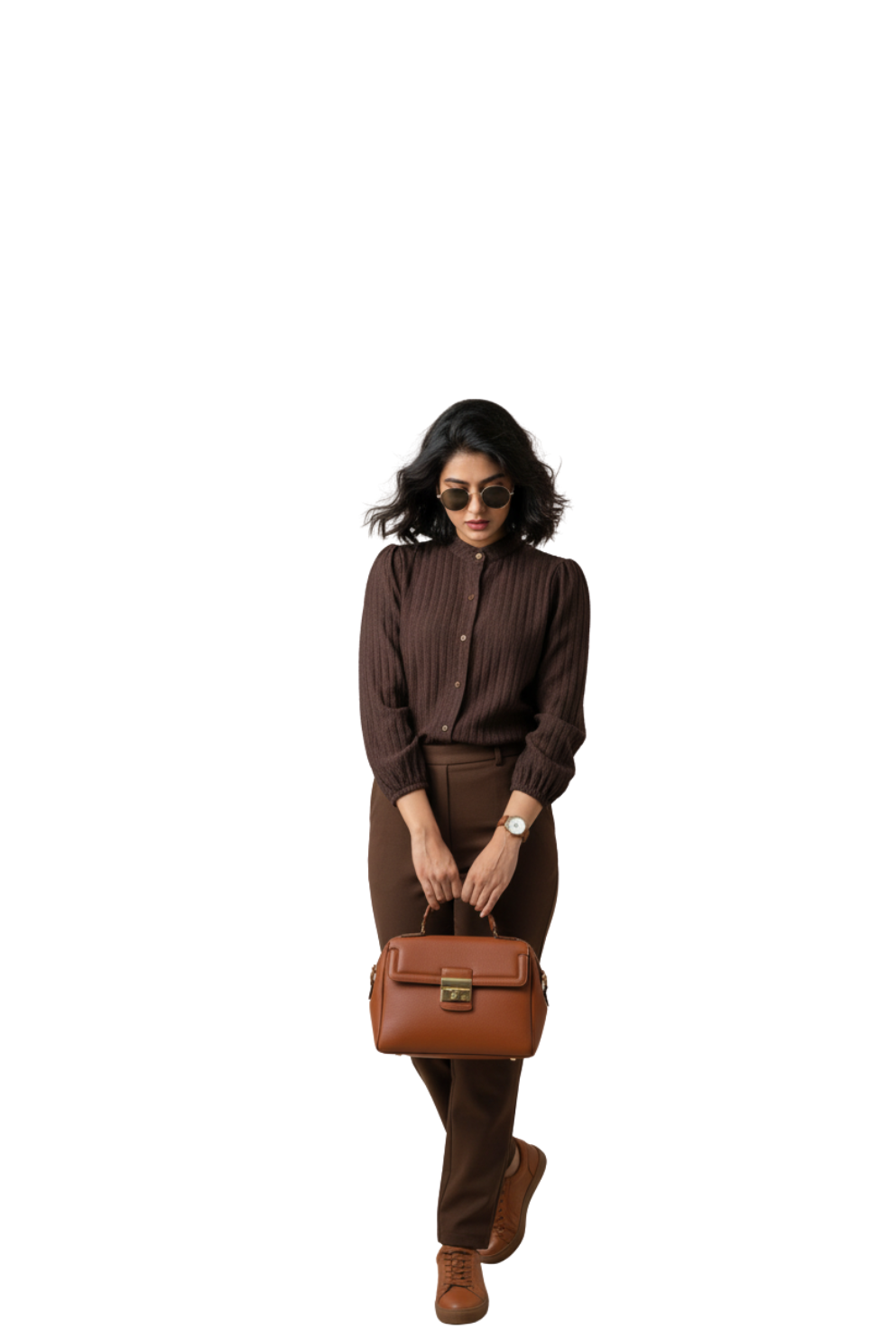 Band Collar Semi Formal Shirt for Women in Coffee Brown | Hava Fashions