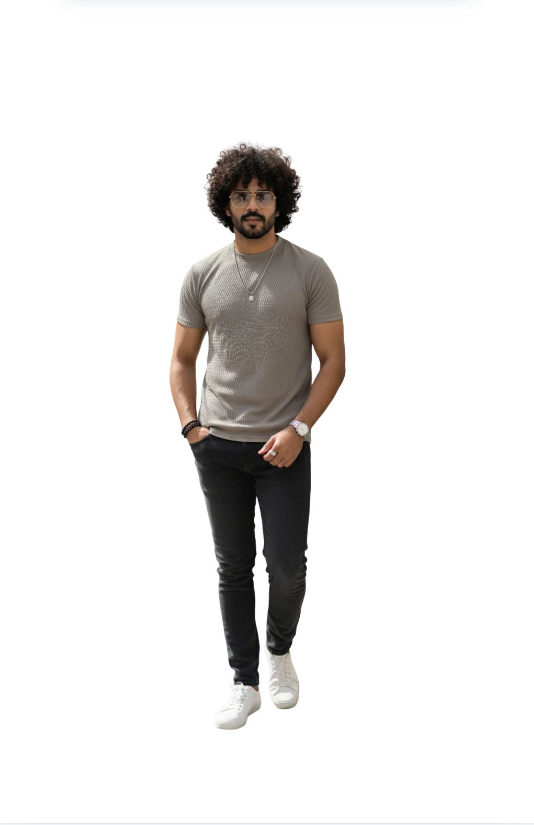 Grey Popcorn Fabric Round Neck T-Shirt  for Men