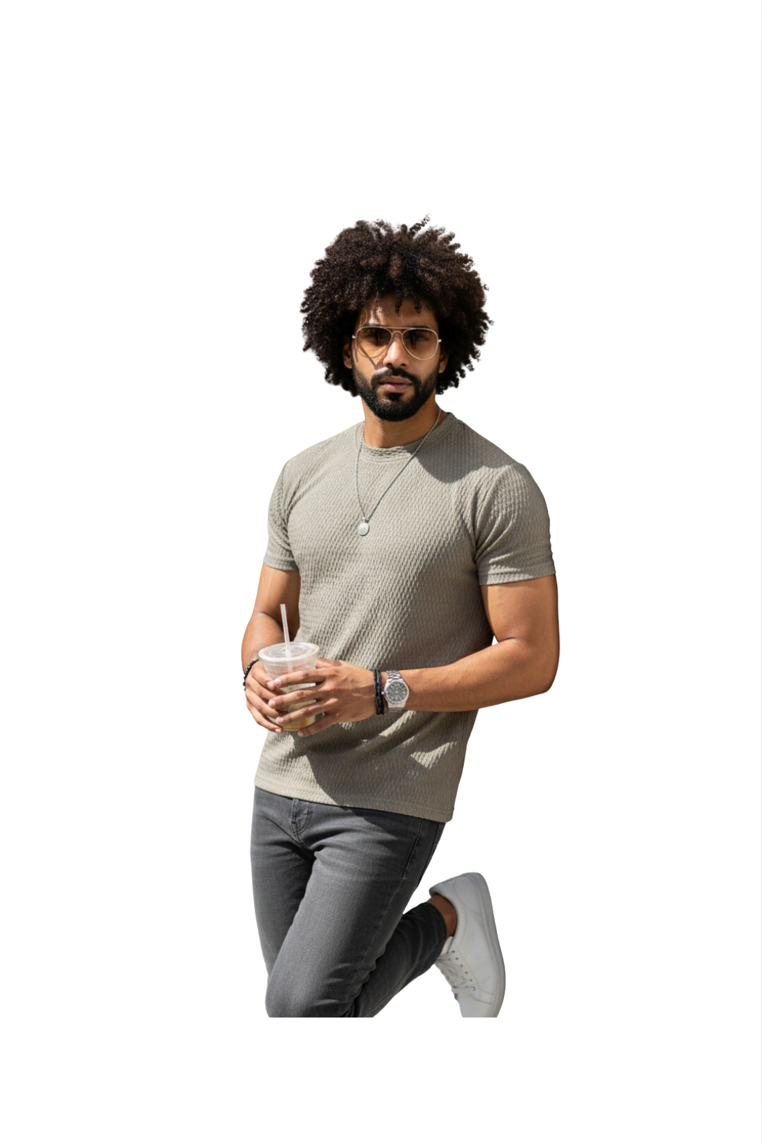 Grey Popcorn Fabric Round Neck T-Shirt  for Men