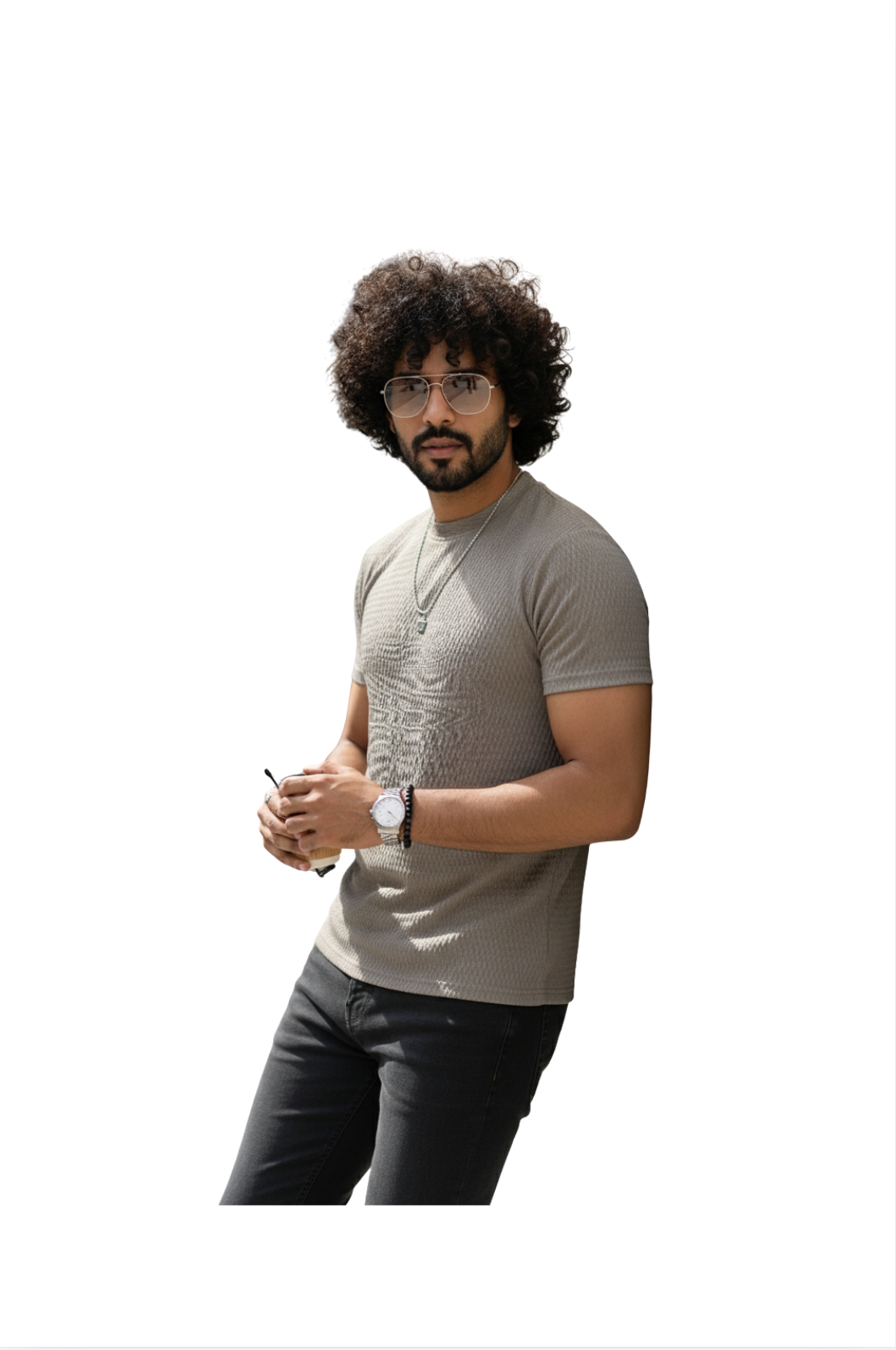 Grey Popcorn Fabric Round Neck T-Shirt  for Men