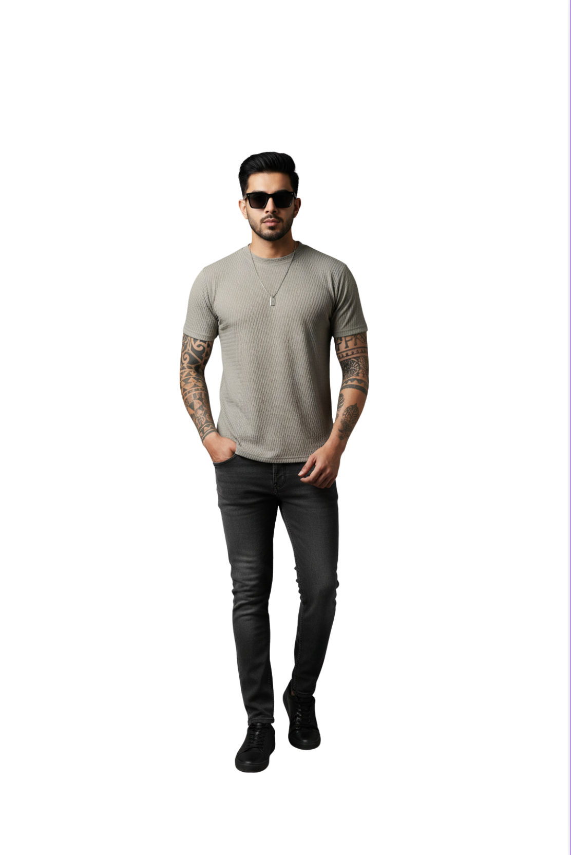 Grey Popcorn Fabric Round Neck T-Shirt  for Men