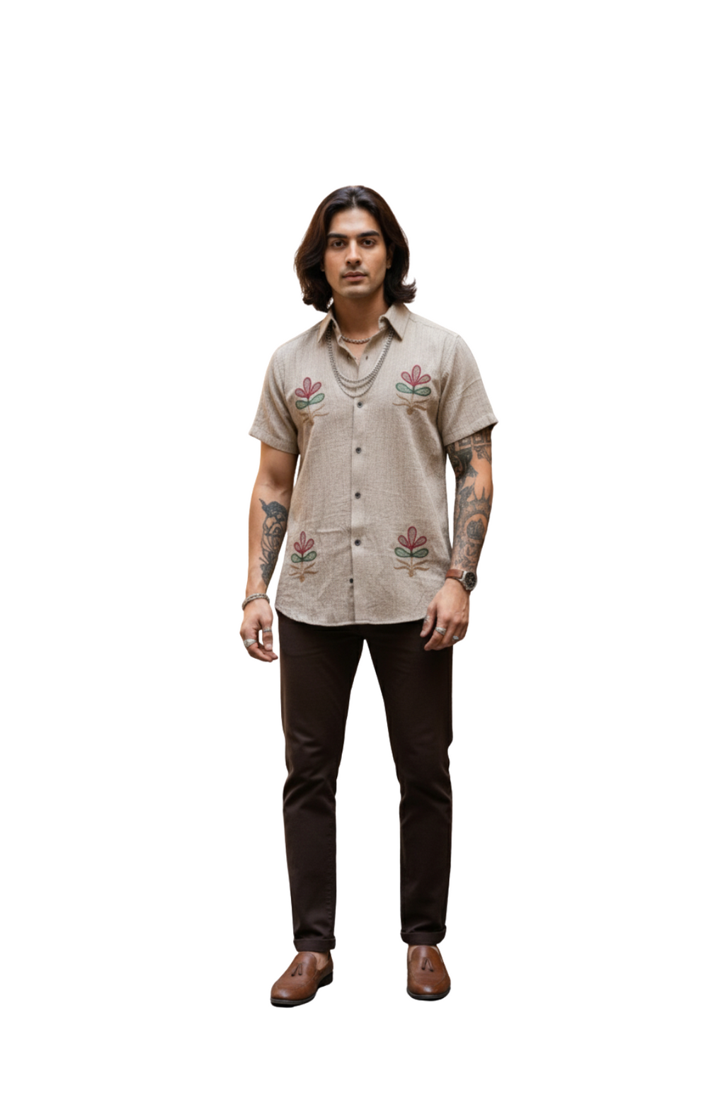 Beige Embroidered Shirts for Men
