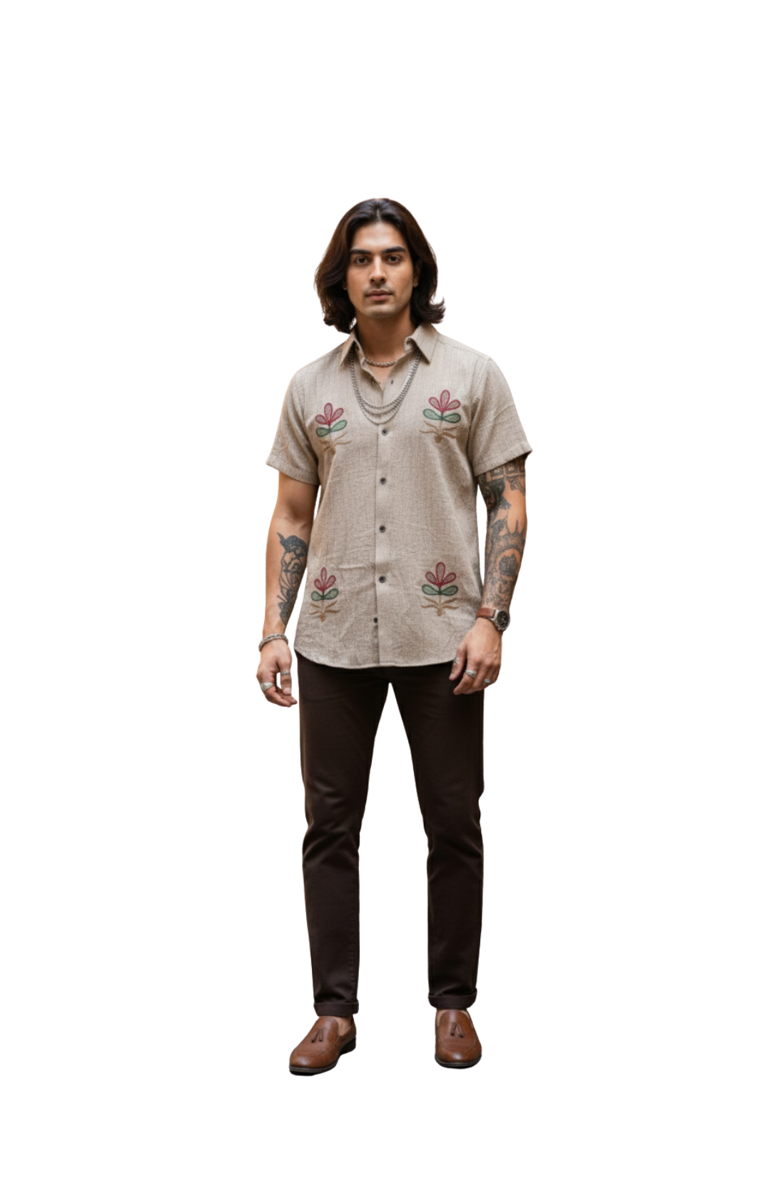 Beige Embroidered Shirts for Men