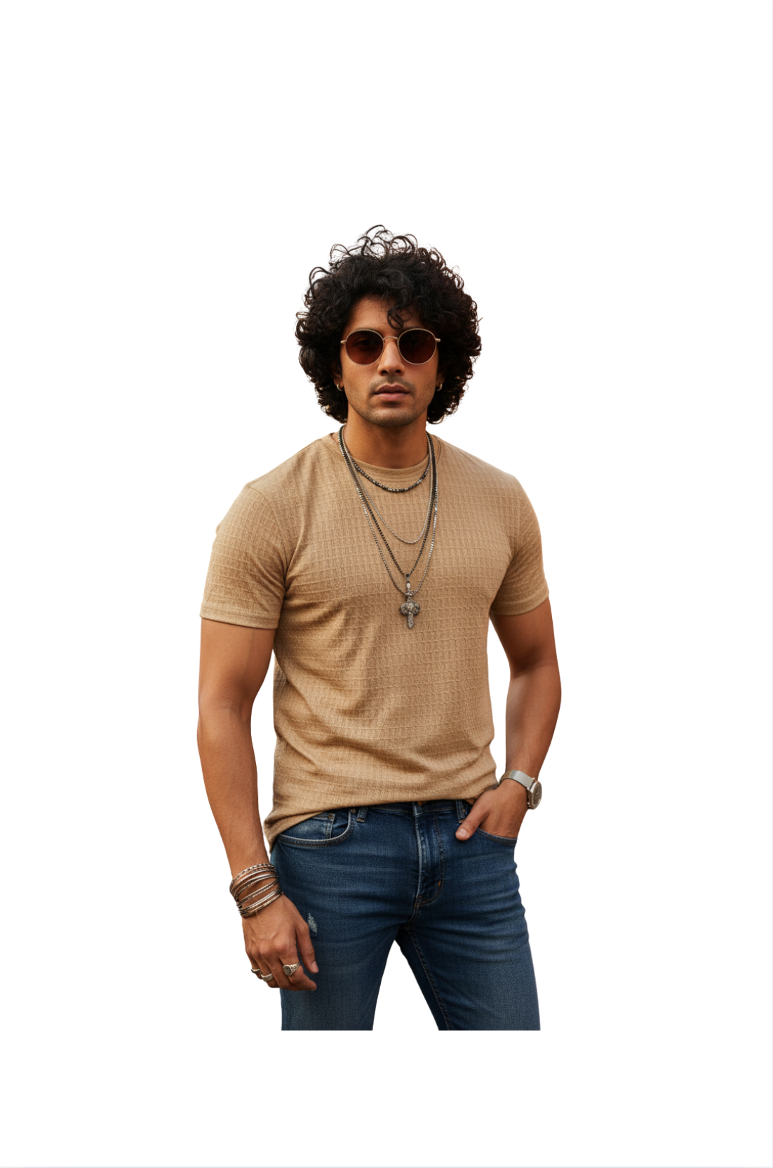 Beige Waffle Knit T-Shirt  for Men