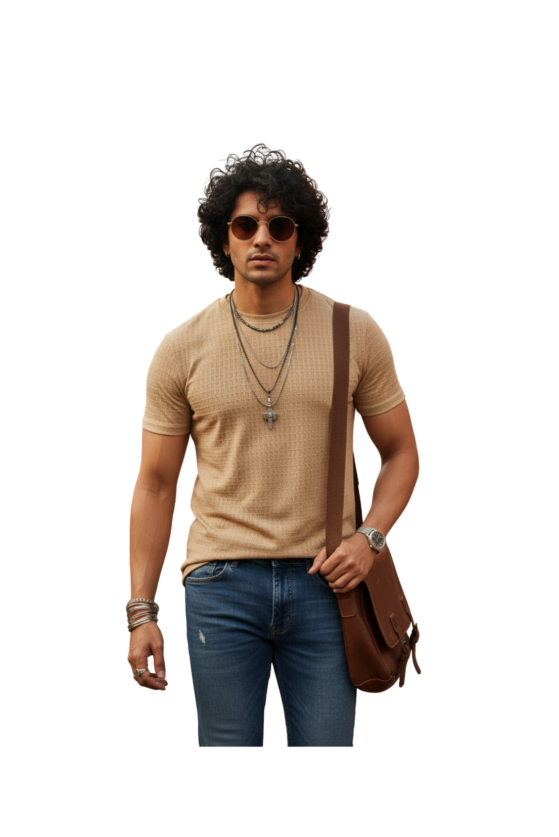 Beige Waffle Knit T-Shirt  for Men