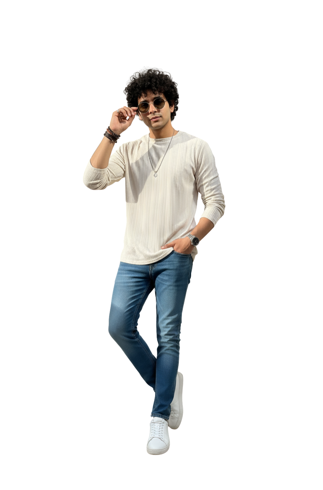 Beige Textured Full Sleeve T-Shirt for Men