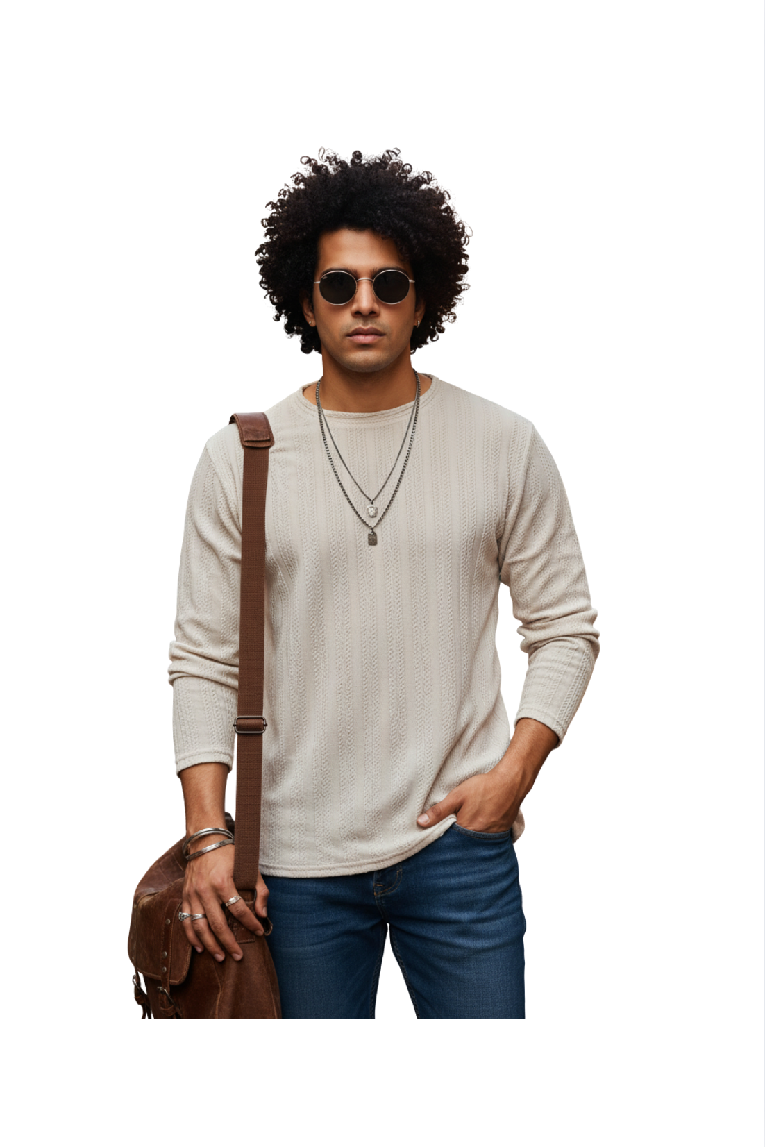 Beige Textured Full Sleeve T-Shirt for Men