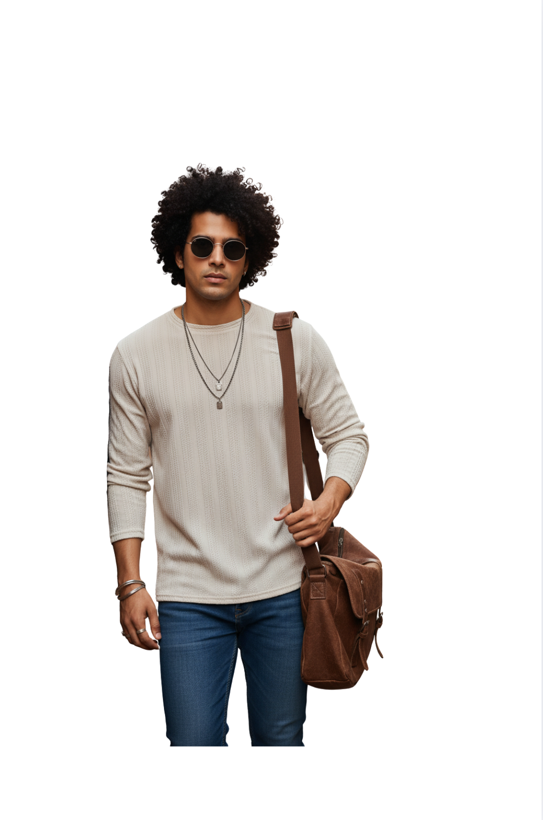 Beige Textured Full Sleeve T-Shirt for Men