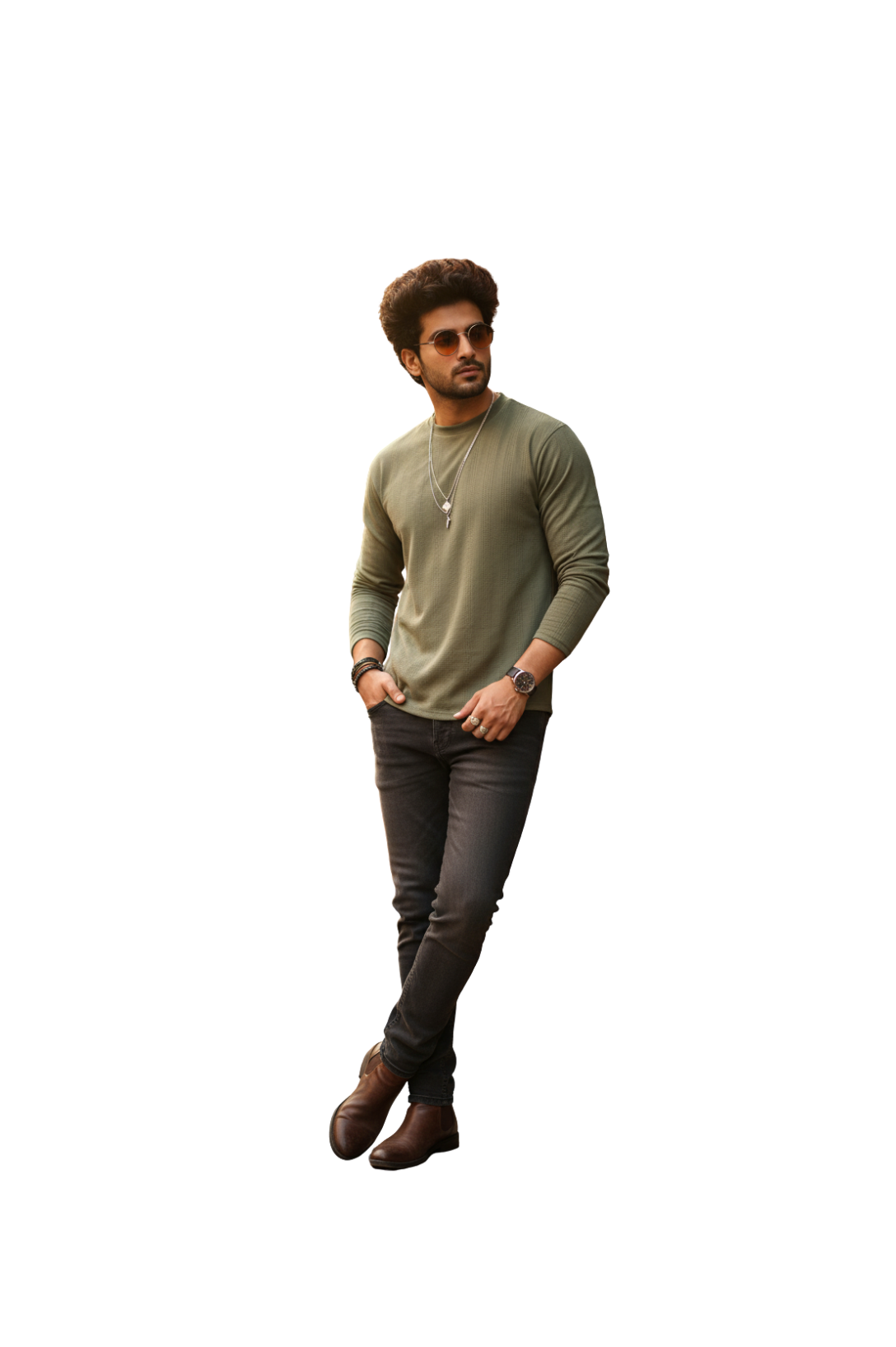 Round Neck Full Sleeve T-Shirt for Men in Olive