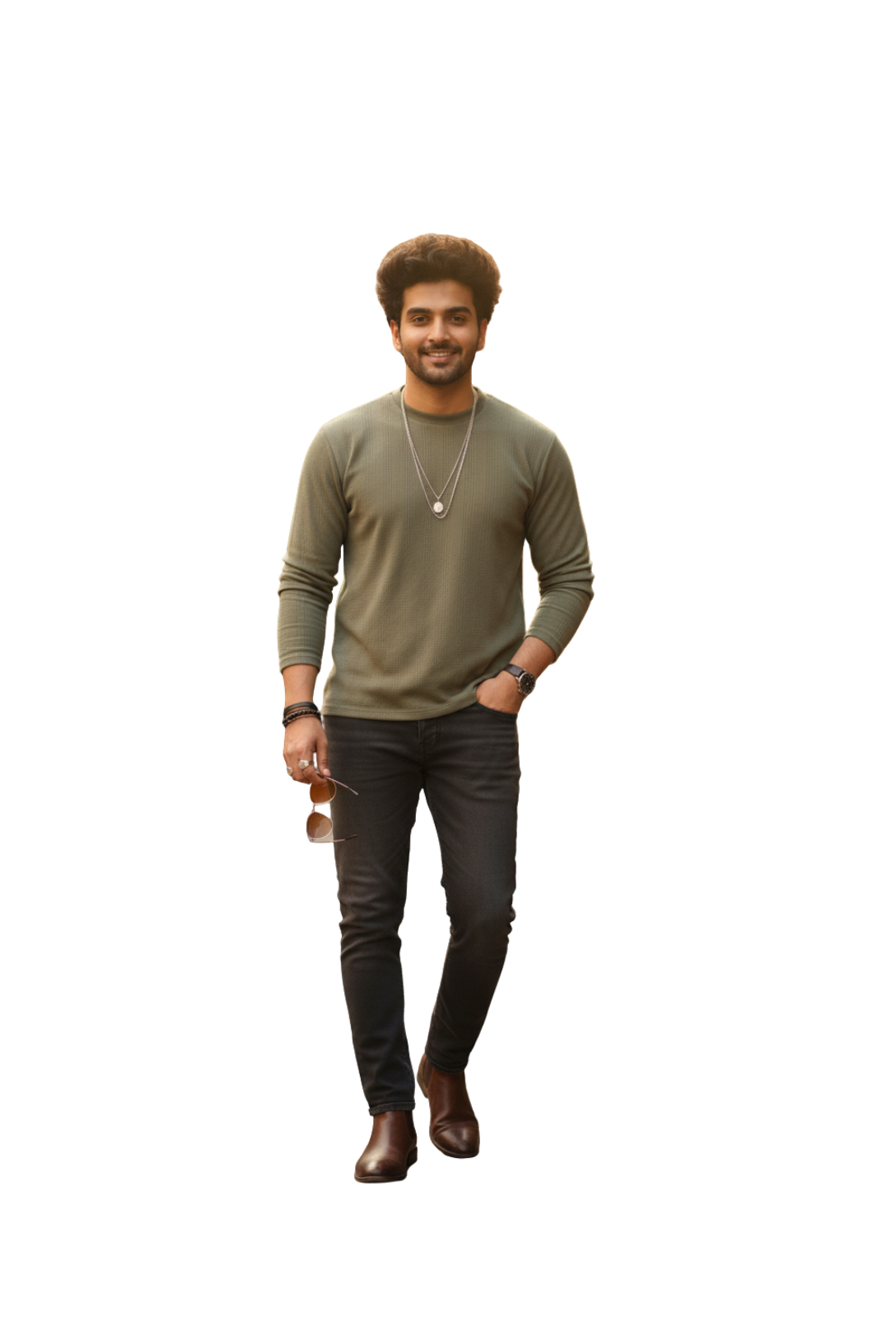 Round Neck Full Sleeve T-Shirt for Men in Olive