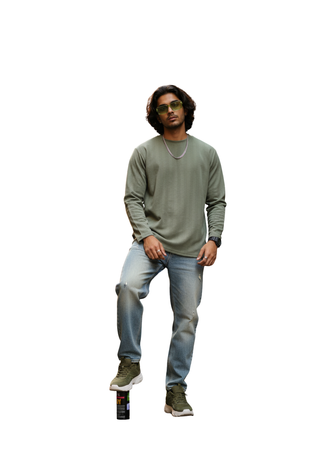 Round Neck Full Sleeve T-Shirt for Men in Olive