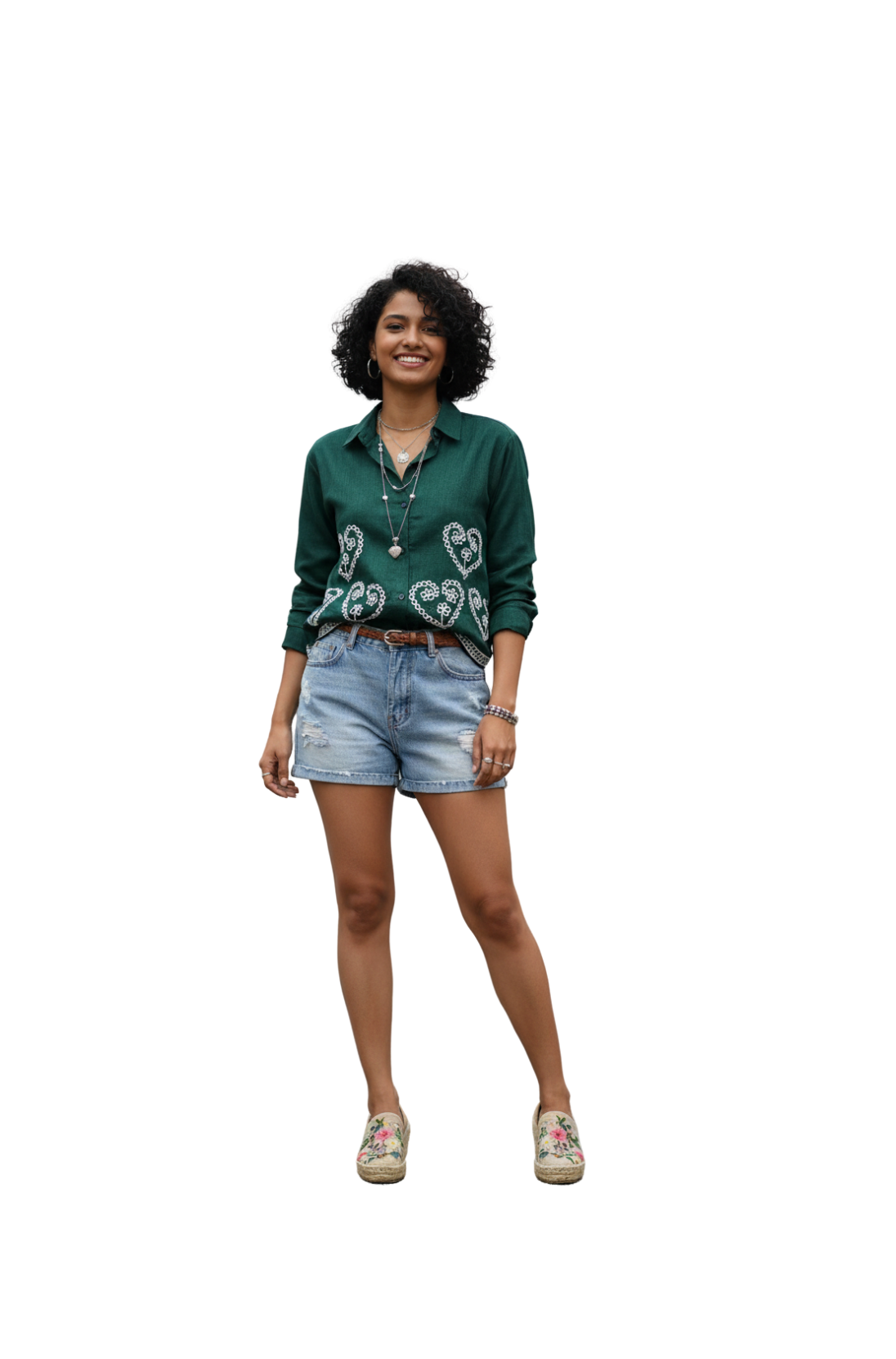 Flower Embroidery Designs Shirt for Women in Green