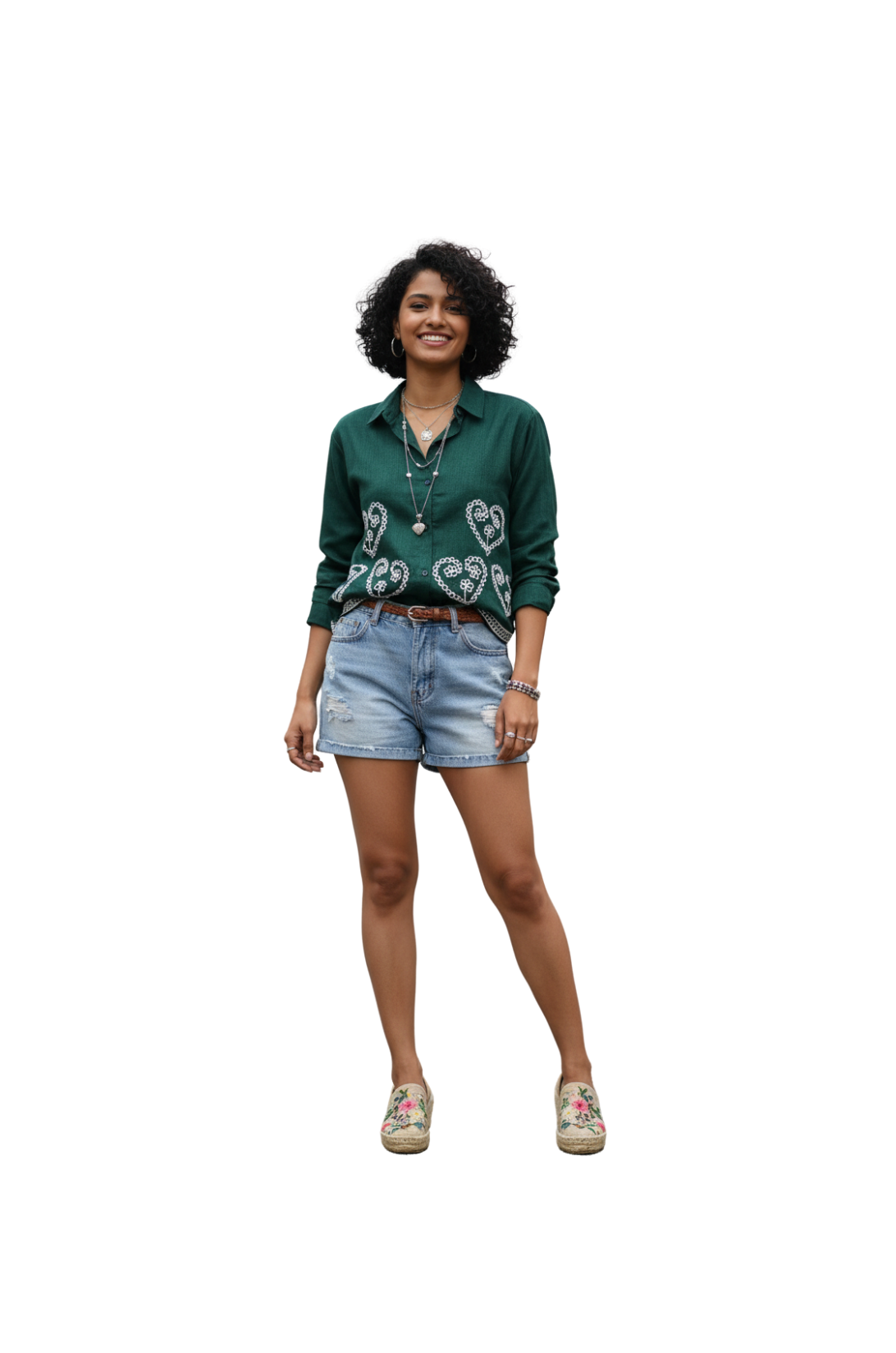 Flower Embroidery Designs Shirt for Women in Green