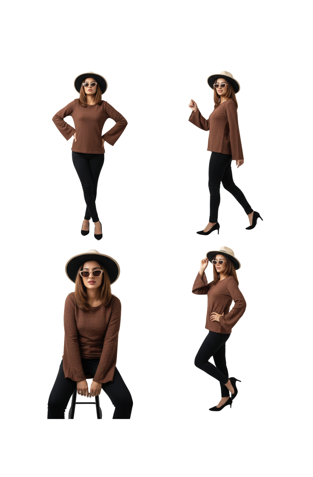 Up Neck Bell Sleeve Top for Women in Brown