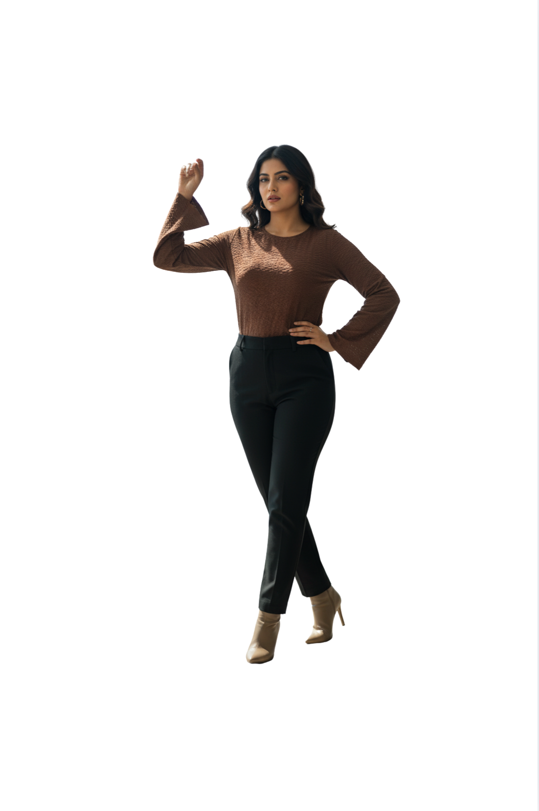 Up Neck Bell Sleeve Top for Women in Brown