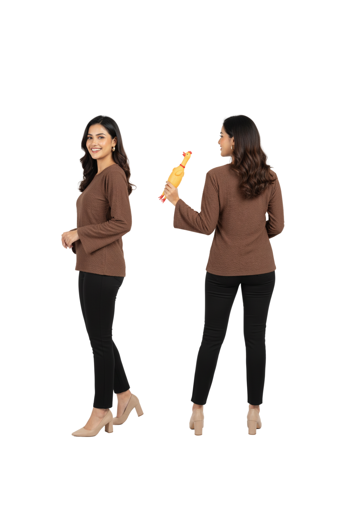 Up Neck Bell Sleeve Top for Women in Brown