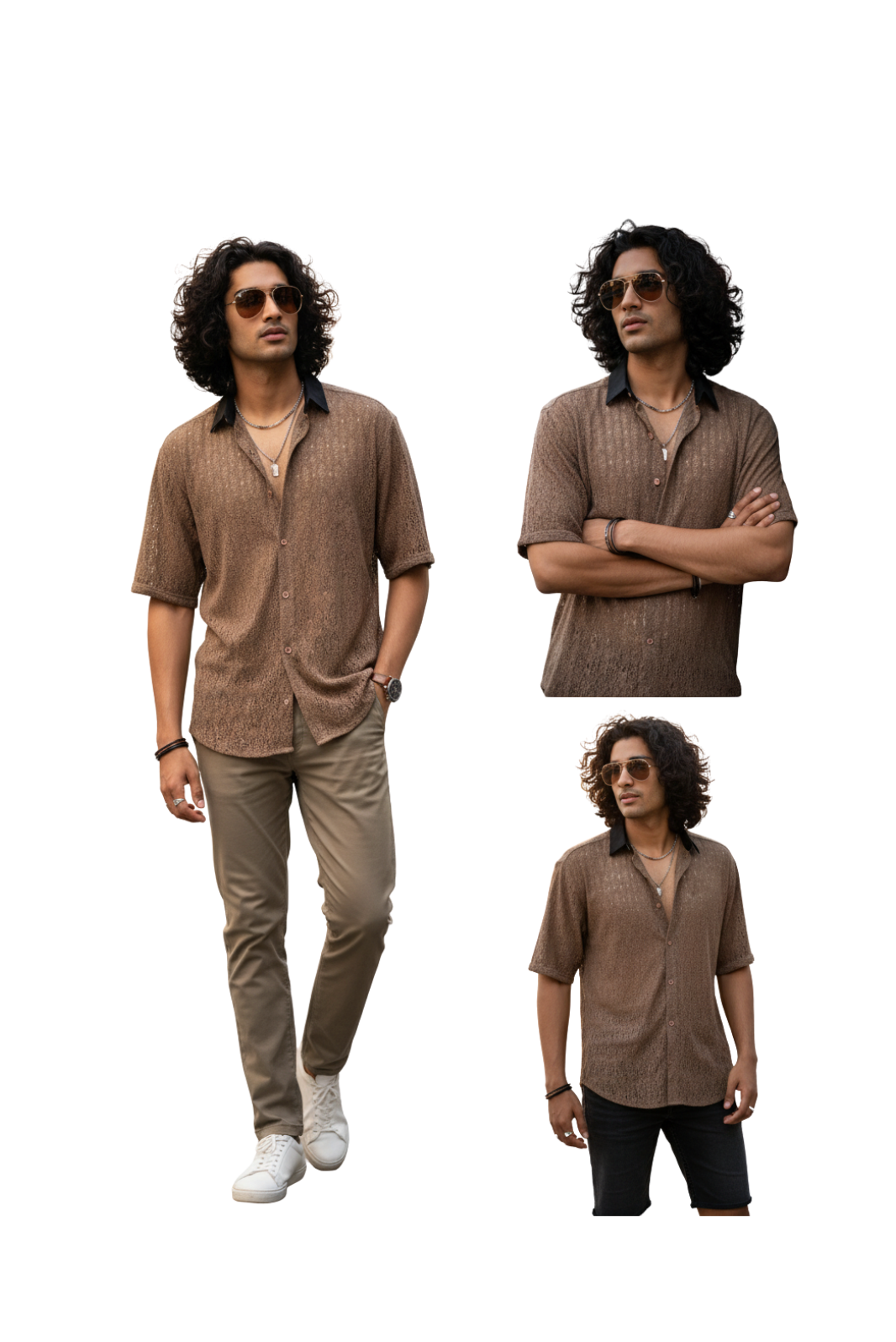 Brown Crochet Shirts for Men – Open-Knit Button-Down