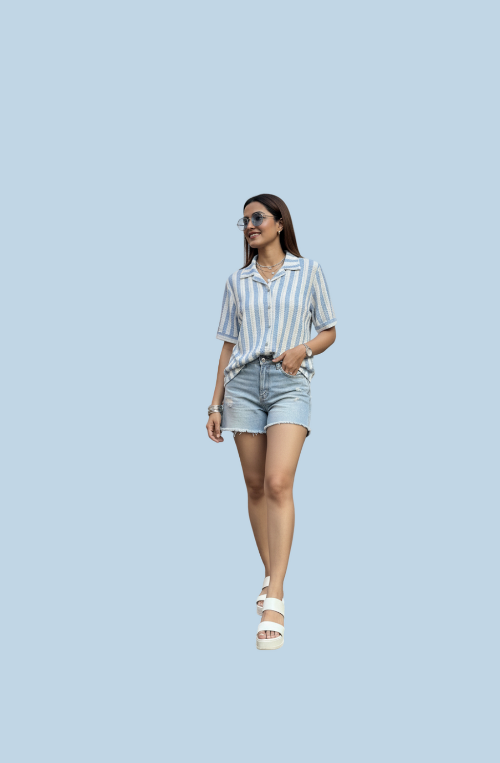Textured Sleeve Shirt for Women in Sky Blue
