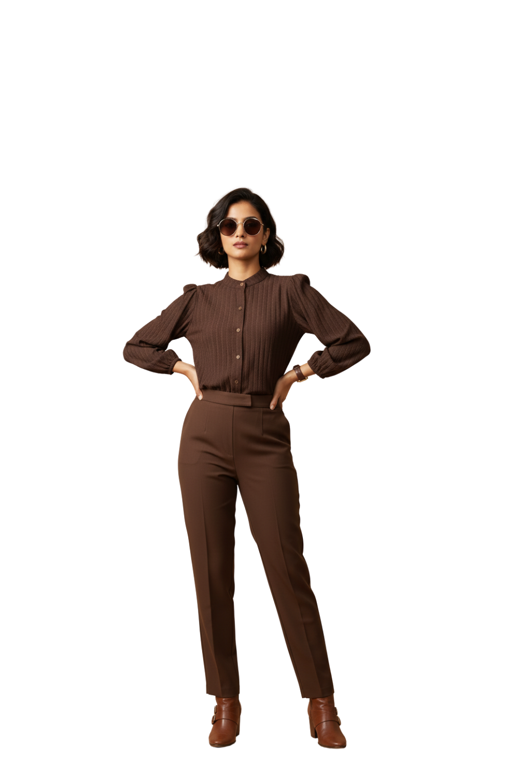 Coffee brown band collar semi formal shirt for women by Hava Fashions