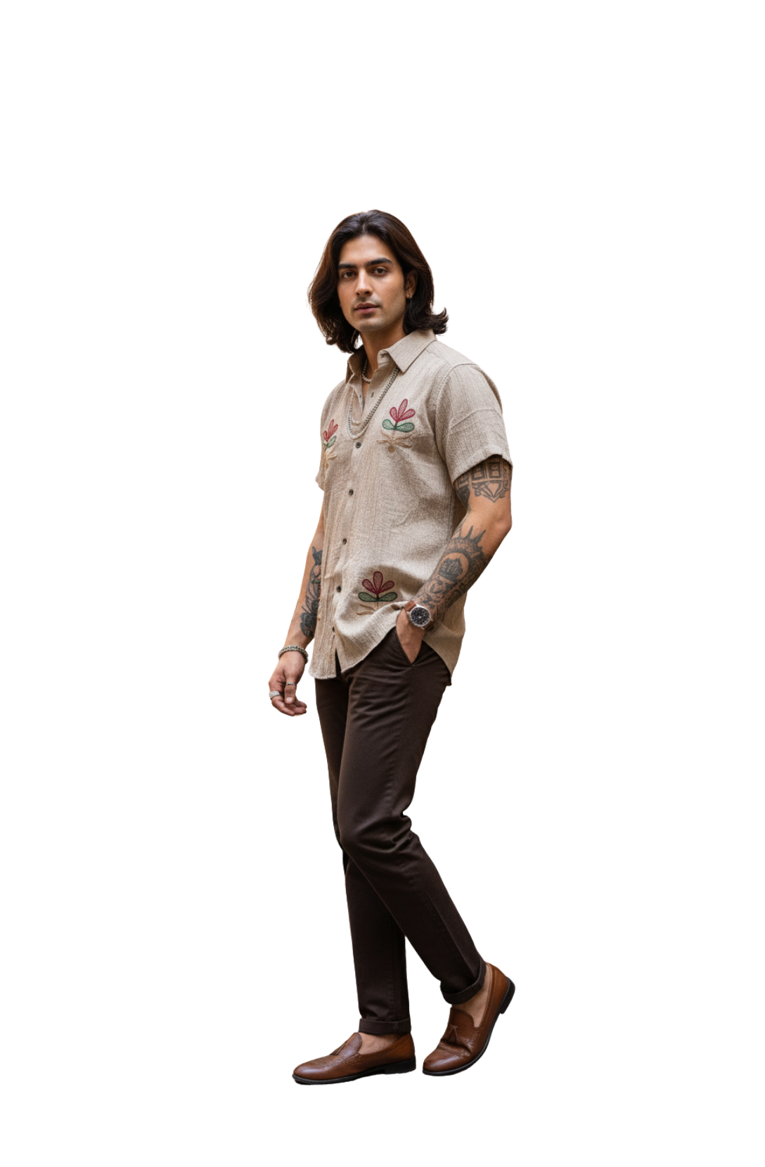 man wearing beige embroidered shirt with floral design from Hava Fashions