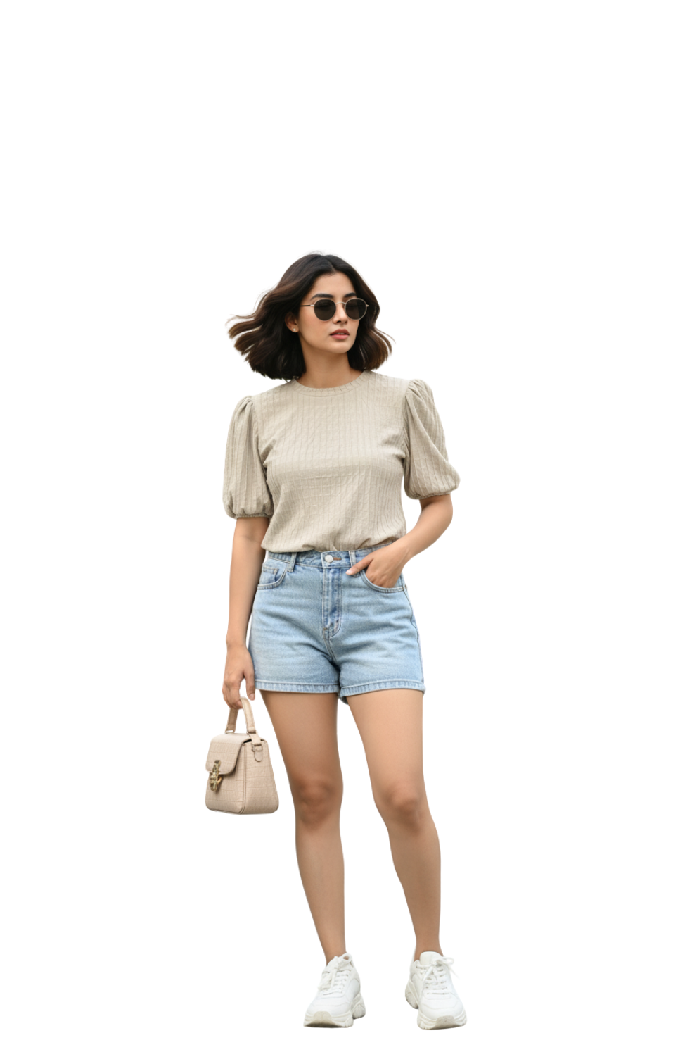woman wearing beige textured puff sleeve knit top from Hava Fashions