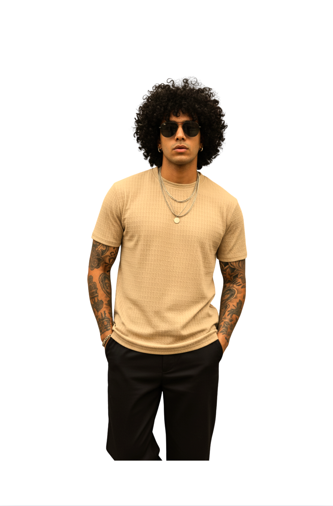 man wearing beige waffle knit t-shirt from Hava Fashions