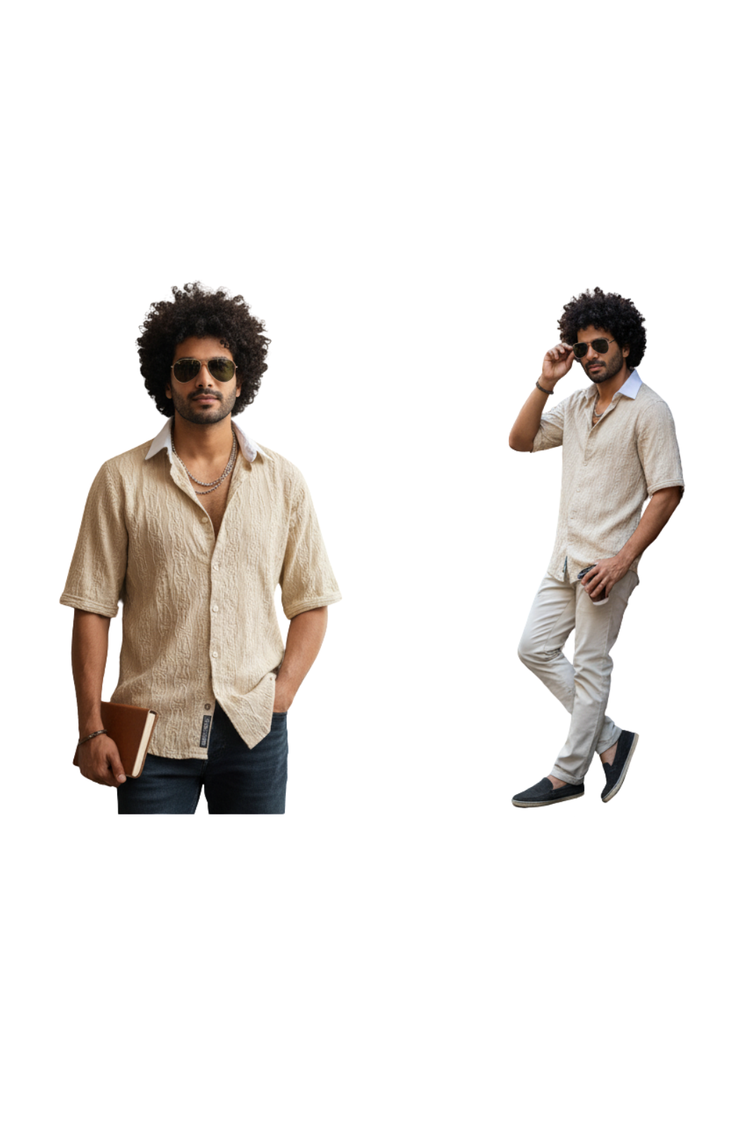 man wearing cream textured crochet button-down shirt from Hava Fashions