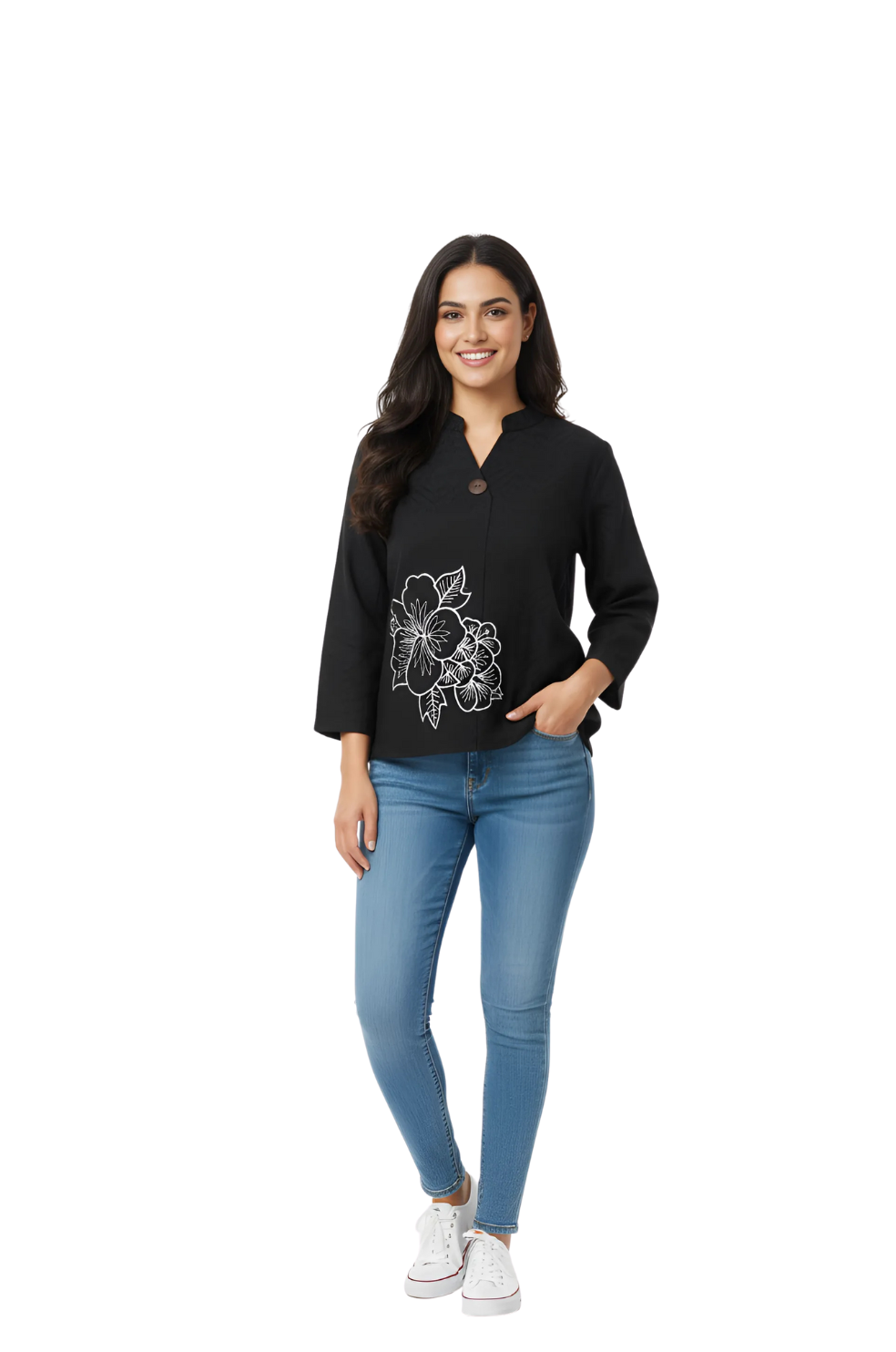 woman wearing black applique design top with white embroidery from Hava Fashions