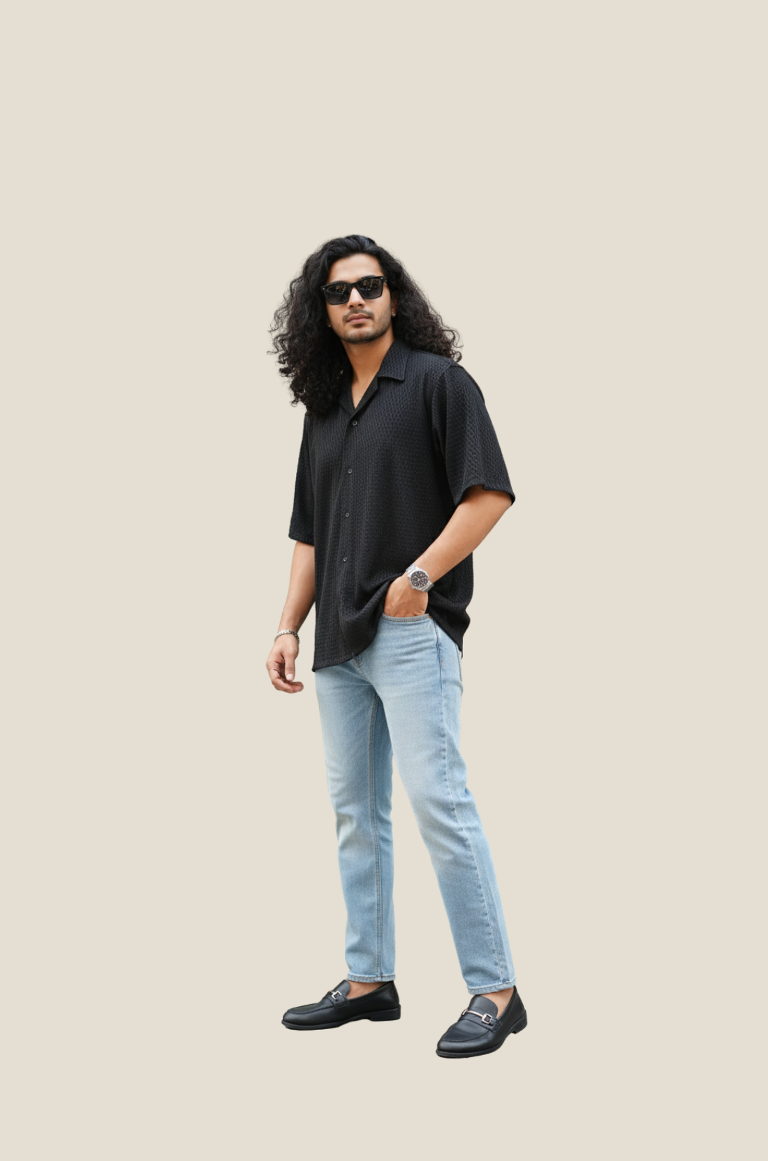 man wearing black jacquard cuban collar shirt from Hava Fashions