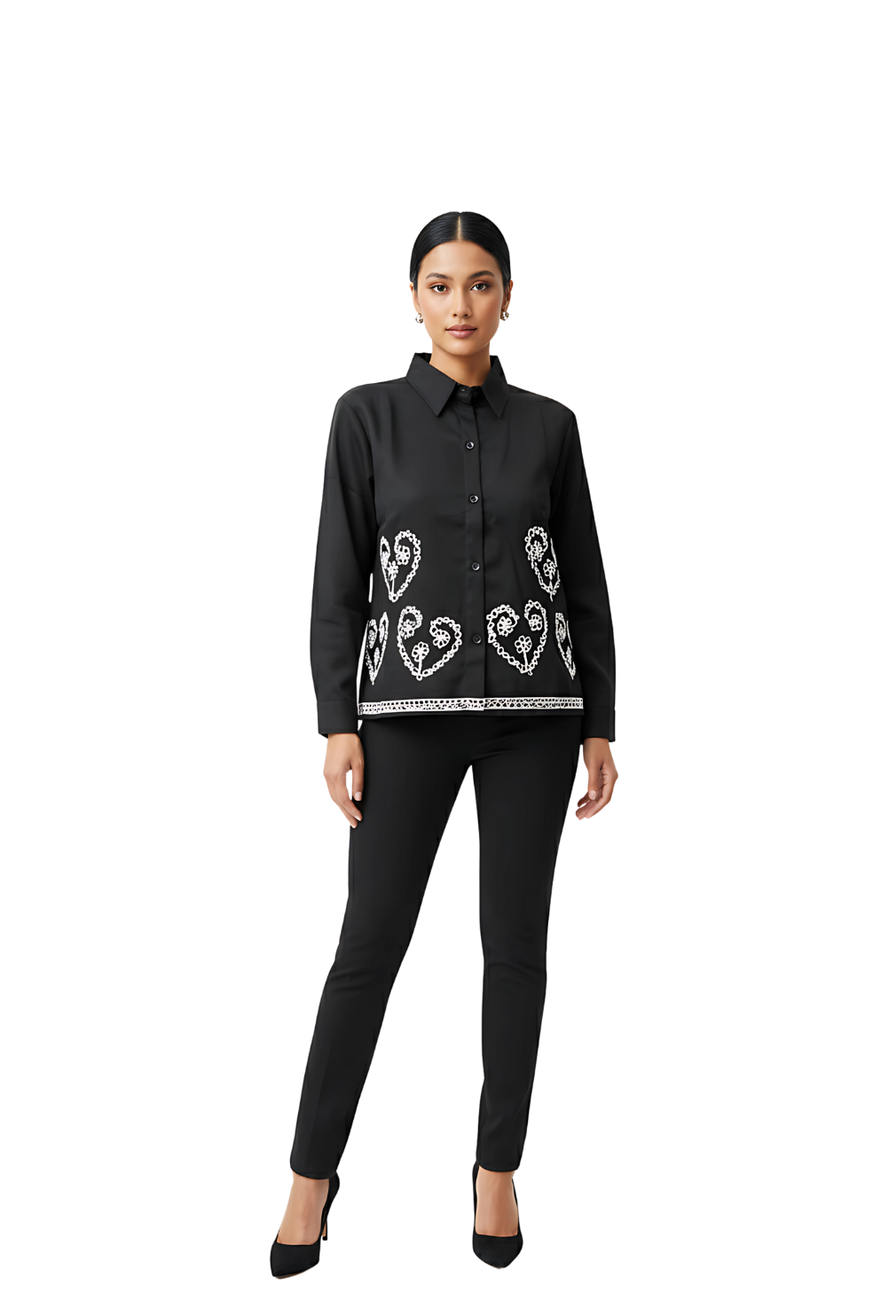woman wearing black embroidered long-sleeved top with white heart and floral designs from Hava Fashions