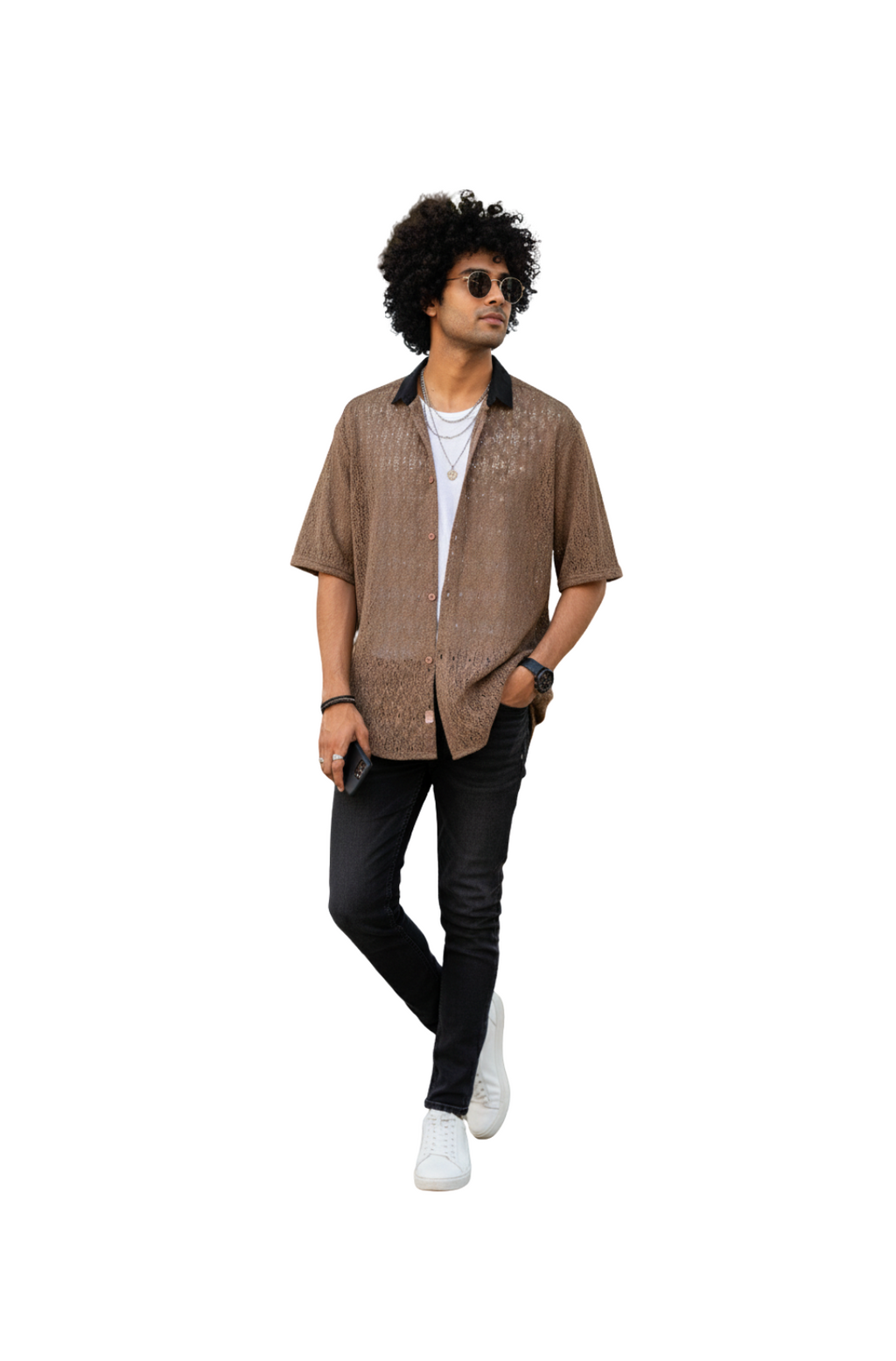man wearing brown open-knit crochet shirt from Hava Fashions
