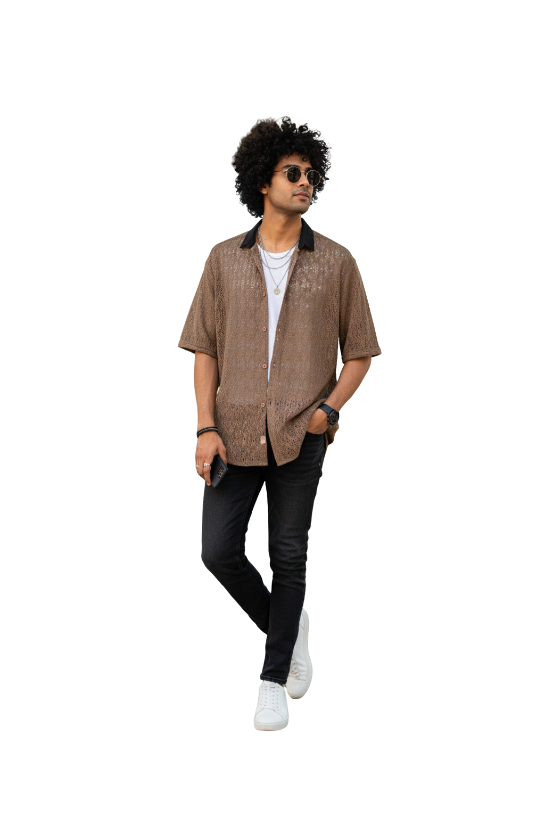 man wearing brown open-knit crochet shirt from Hava Fashions