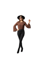 woman wearing brown up neck bell sleeve top for women from Hava Fashions