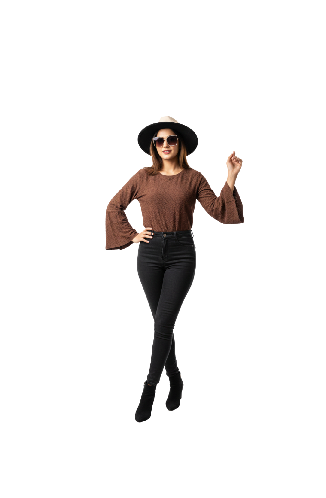 woman wearing brown up neck bell sleeve top for women from Hava Fashions