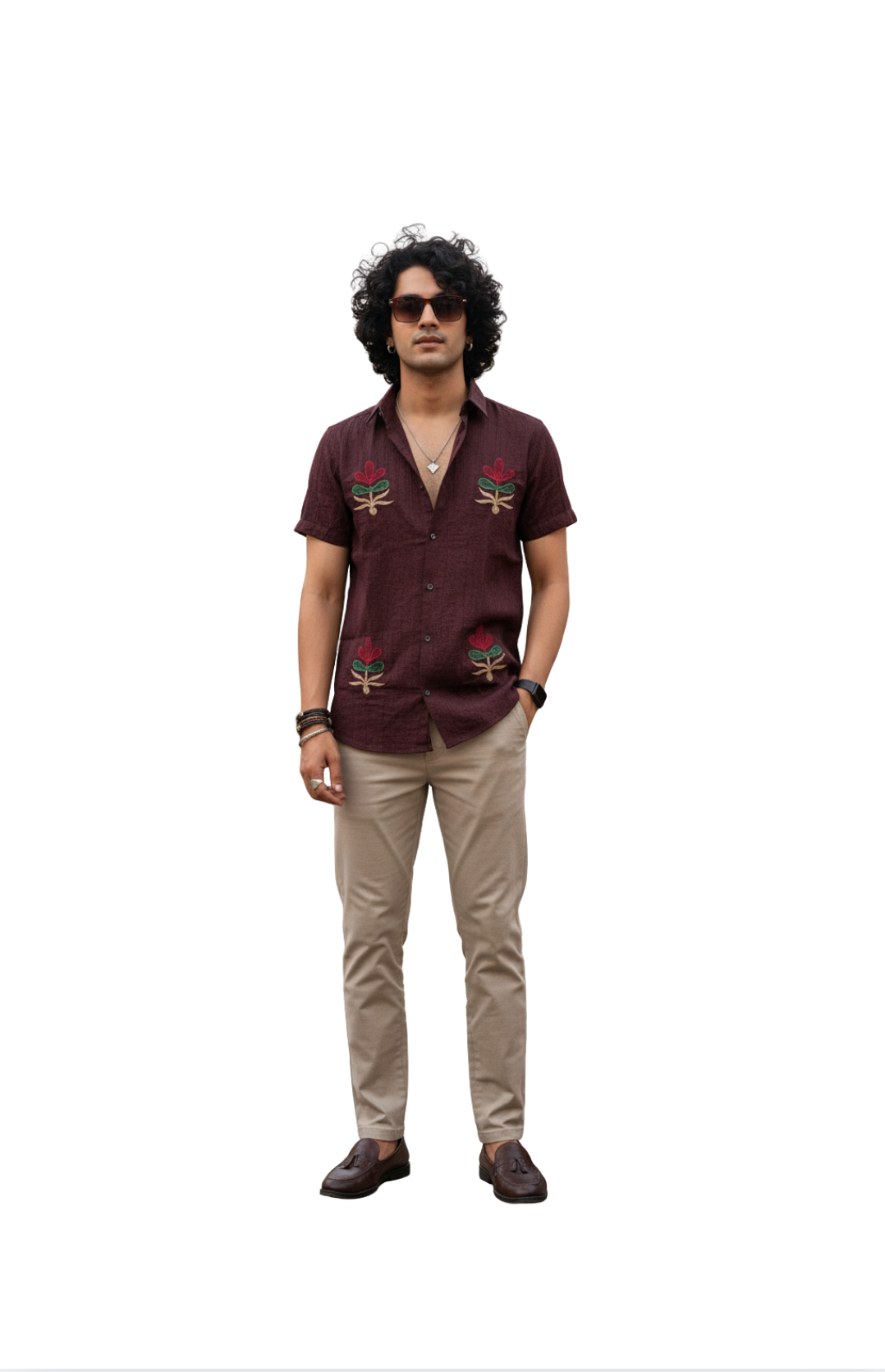 man wearing burgundy embroidered half sleeve shirt from Hava Fashions