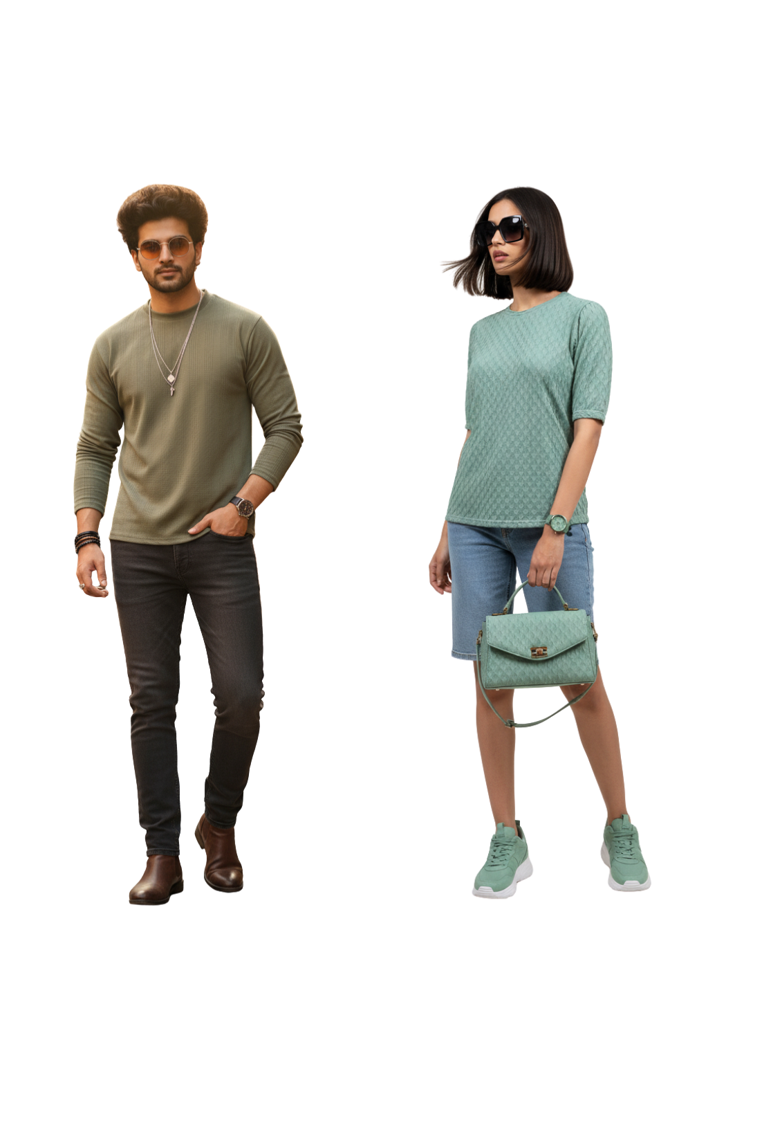 couple wearing coordinated textured tops from Hava Fashions