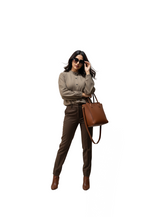 woman wearing brown cuffed sleeves shirt with band collar from Hava Fashions