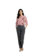 wearing pink cotton shirt with black floral embroidery from Hava Fashions