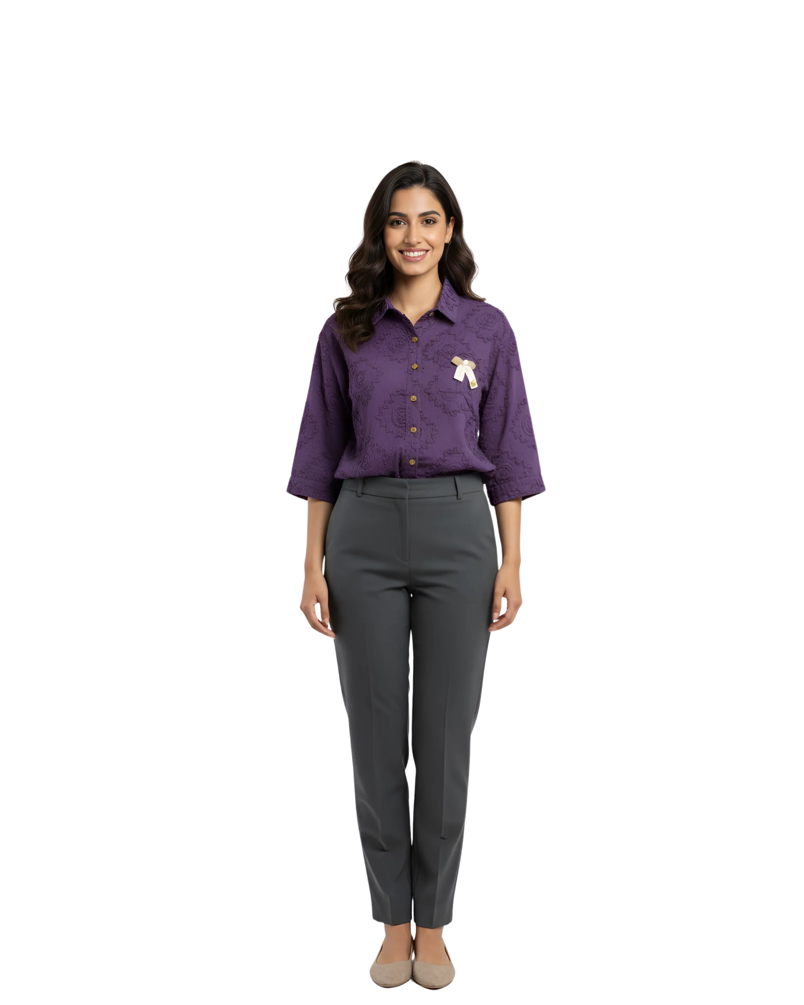 woman wearing floral pattern cotton shirt in purple from Hava Fashions
