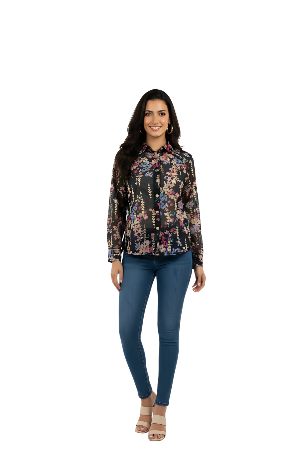 woman wearing black chiffon floral print shirt with pink and blue flowers from Hava Fashions