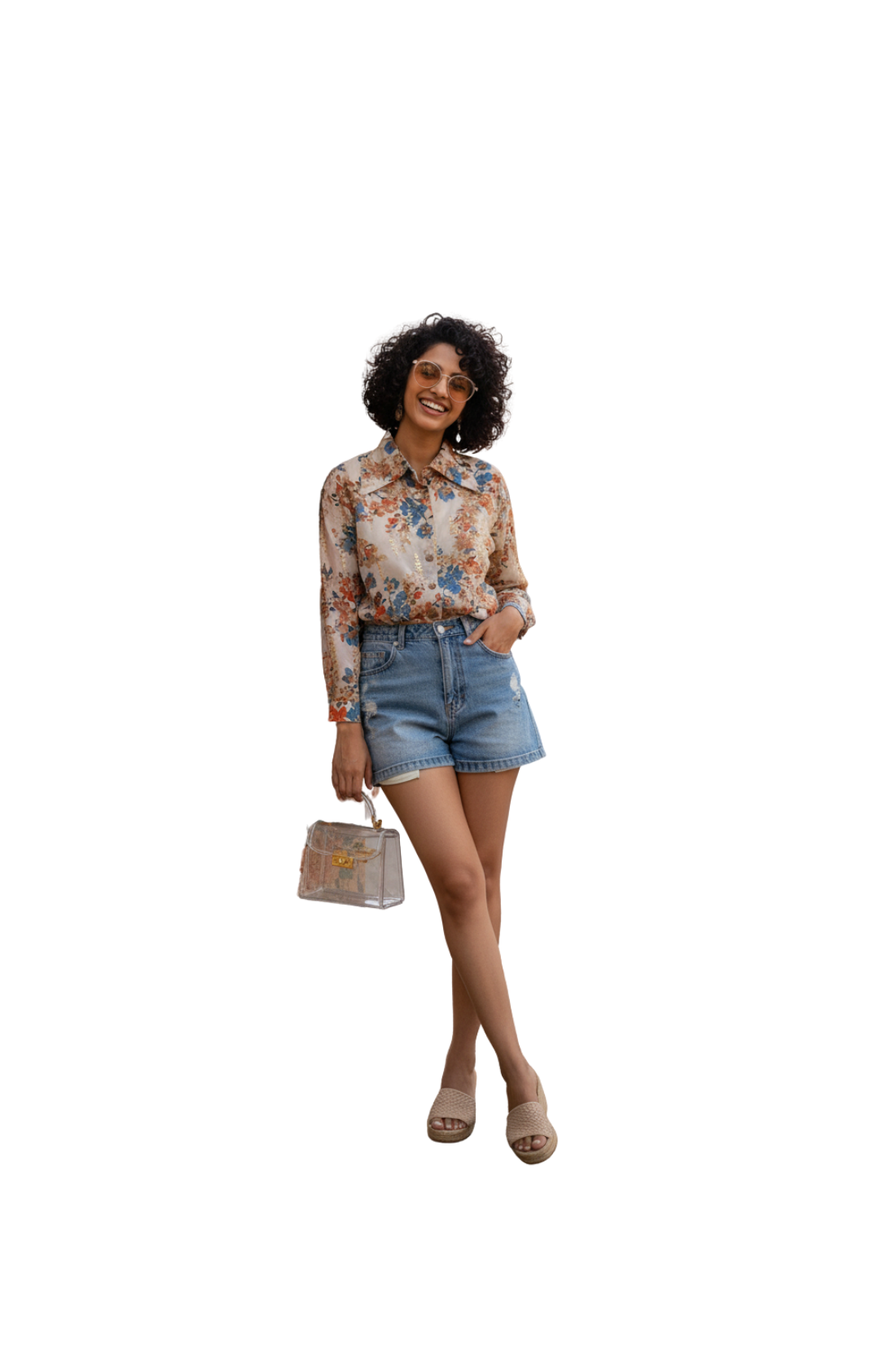 woman wearing cream floral chiffon top from Hava Fashions