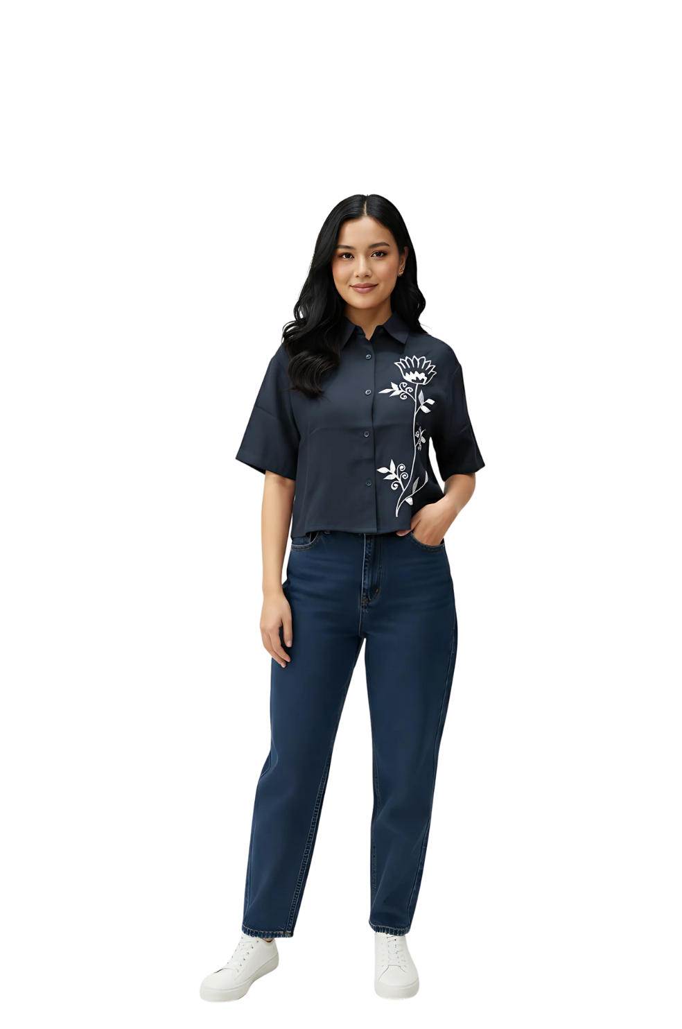 woman wearing denim blue shirt with white floral embroidery from Hava Fashions